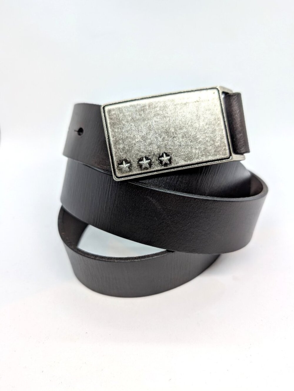 John Varvatos Black Leather Belt Mens Sz 34 36 M Plate Style Pewter Tone Buckle